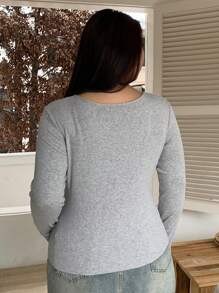 Dazy Petite Plus Plus Size Lace Patchwork Square Neck Fitted T-Shirt With Bow Decor, Gray, Spring/Summer/Autumn Long Sleeve Women Tops,Fall Women Clothes - Grey - View 2