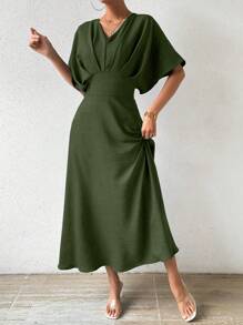 RosyDaze 女士 V 领收腰蝙蝠袖短袖连衣裙长款女装 - 軍綠色 - 查看 4