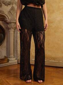 SHEIN PETITE CURVE Plus Size Women's High Waist Lace Flare Pants, Vacation Style