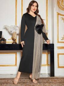 Modelyn Plus Size Women V-Neck Long Sleeve Pleated Patch Floral Fitted Slim Bodycon Elegant Party Dress