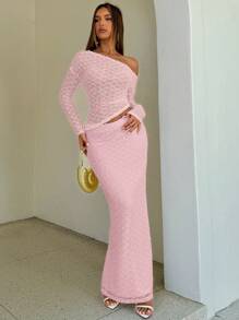 Aloruh 女士优雅浪漫复古纹理蕾丝不对称肩长袖上衣和超长及地直筒裙套装，秋冬 - 粉色 - 查看 6