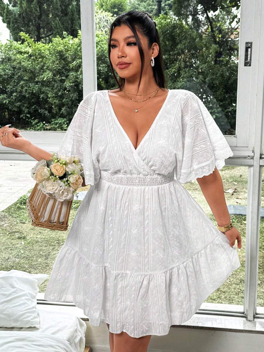 Flirla Fashion Woven Embroidered V-Neck Ruffle Sleeve Cinched Waist Dress - White - View 1