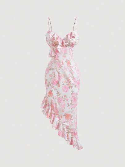 SHEIN MOD 女式不对称吊带荷叶边下摆花卉印花连衣裙，春季连衣裙，女式花卉连衣裙