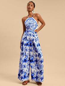 Travachic 女士编织蓝白花朵印花露肩露背吊带宽松连体裤，夏季女士服装 - 藍白色 - 查看 2