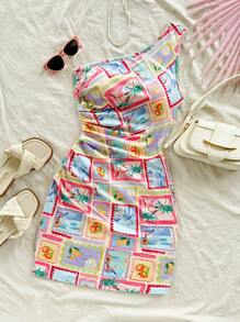 Soleia 女士彩色花卉拼布单肩褶皱迷你连衣裙，假日风格