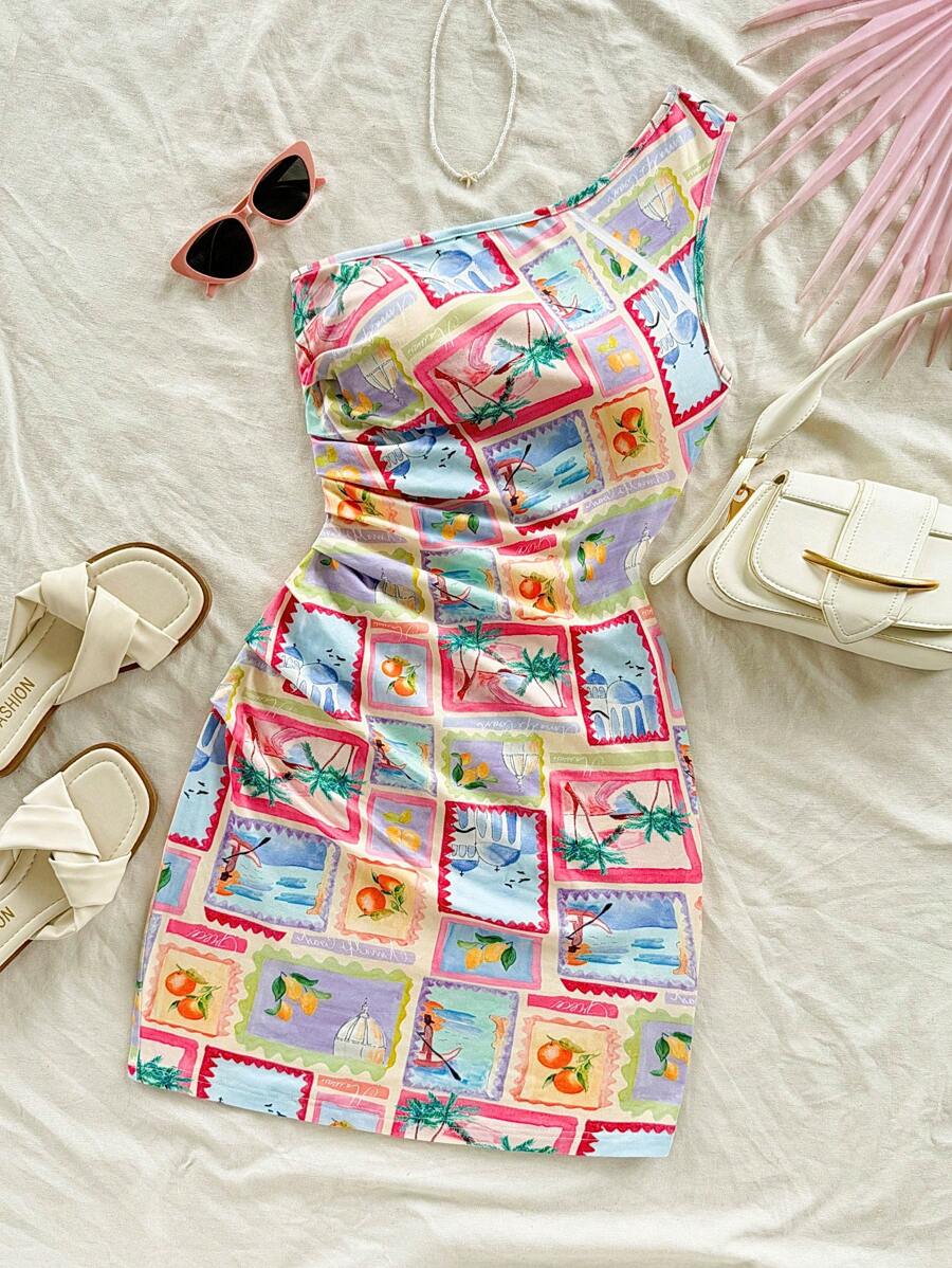 Soleia 女士彩色花卉拼布单肩褶皱迷你连衣裙，假日风格