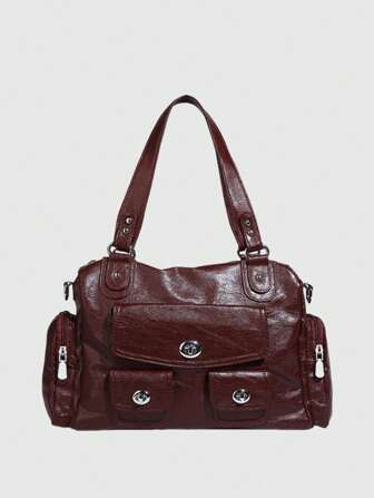 Kawaii Bolso de hombro tipo tote de gran capacidad con múltiples bolsillos y cierre tipo candado de motocicleta vintage, bolso cruzado minimalista casual para mujer
