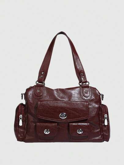 Kawaii Vintage Multi-Pocket Motorcycle Lock Clasp Large Capacity Shoulder Tote Bag, Women's Casual Minimalist Cross-Body Bag