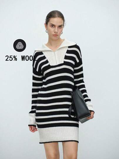 Aalyst 女士秋冬休闲日常拉链条纹针织毛衣连衣裙