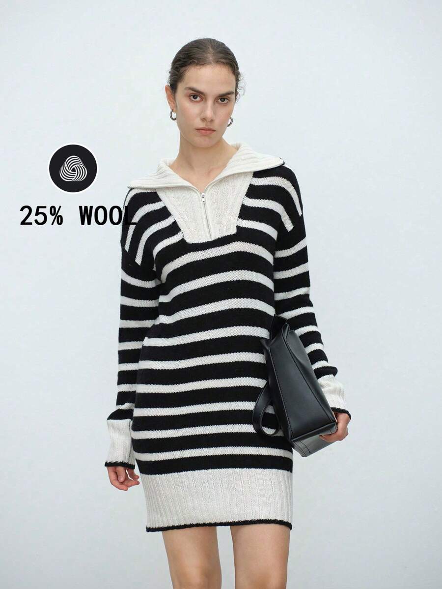 Aalyst 女士秋冬休闲日常拉链条纹针织毛衣连衣裙 - 黑與白 - 查看 1