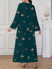 Al Najma 女士优雅定位印花阿拉伯风格长袖 V 领连衣裙，端庄的卡夫坦 - 墨綠色 - 查看 2