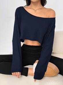 Flirla Petite Áo thun dài tay rộng rãi, giản dị, vai trễ, không đối xứng, vải jacquard có họa tiết, phong cách tối giản cơ bản, mặc hàng ngày - Màu xanh hải quân - Xem 6