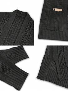 EMERY ROSE 女性純色下墜肩長袖針織外套,配有雙口袋 - 黑色 - 查看 8