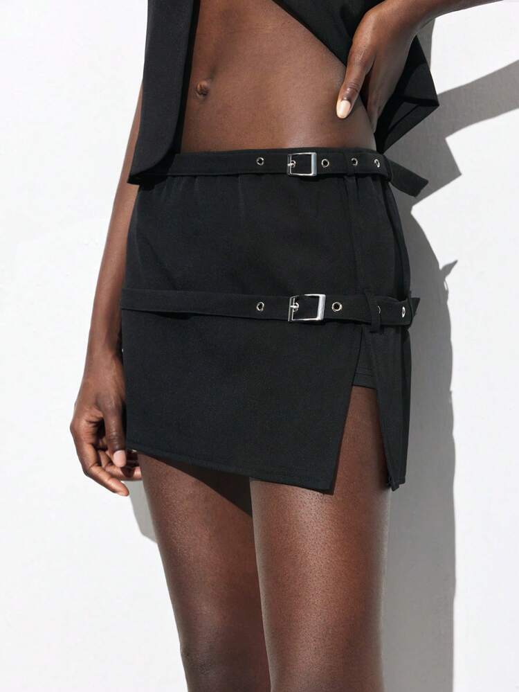 SHEIN Maija 2pcs 2025 Spring/Summer New Casual Fashion Comfortable Women's Adjustable Button Decor Double Layer Skirt