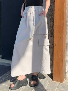DAZY Women's Solid Color Drawstring Waist Utility Pocket Maxi Casual Skirt Fall Skirts - Grey - View 1