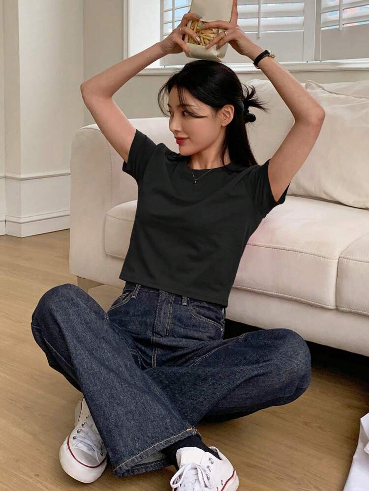 Women's Summer Solid Color Round Neck Short Sleeve Casual T-Shirt Preppy Tops