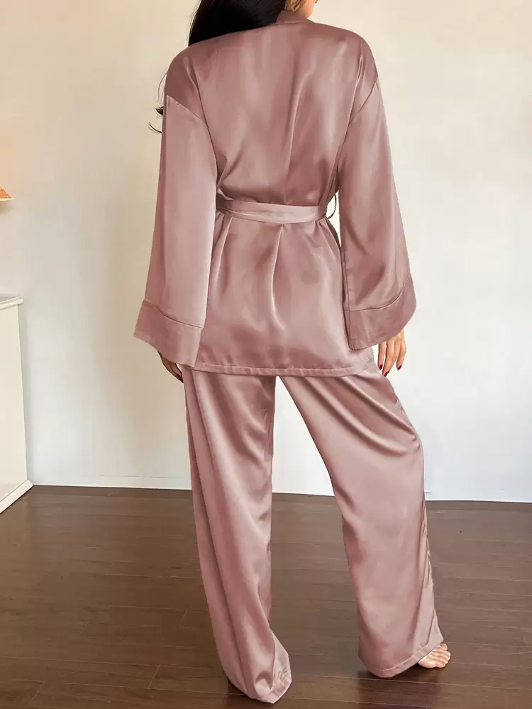 Spring Simple Satin Belted Robe & Pants Sleepwear Pajama Set, Fall Winter Clothes Pajama
