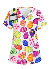 PopScrub V-Neck Easter Egg Print Short Sleeve Scrub Top