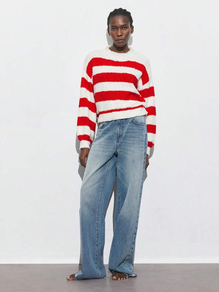 SHEIN Maija Women's Casual Pullover Knit Top With Red Contrasting Striped Pattern, Fashion & Versatile, Spring