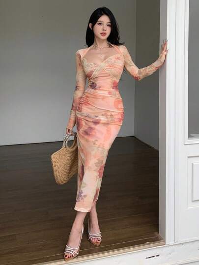 DAZY Vestido de fiesta de gasa con estampado floral de rosa, abertura y mangas largas para mujeres, ideal para el Día de San Valentín y otoño