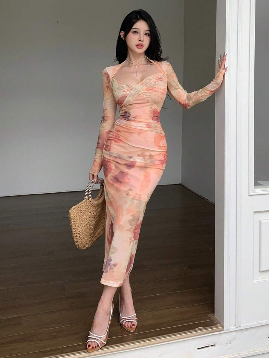 DAZY Đầm dự tiệc dài ngang gối in họa tiết hoa hồng, chất liệu voan mỏng, xẻ tà, thích hợp cho nữ dịp Lễ Tình nhân, mùa thu, tay dài, đầm maxi. - Màu Cam san hô - Xem 1