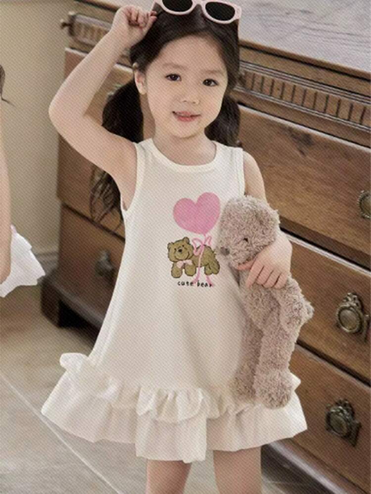 Young Girls Letter Cartoon Bear Print Crew Neck Sleeveless Casual Dress,Girls Summer Outfits
