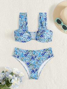 Springbreak Women's New Summer Random Ditsy Floral V-Neck Adjustable Strap Sweet Ditsy Flower Pattern Bikini Set - Multicolor - View 6