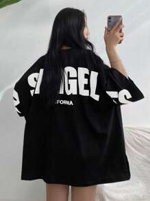 DAZY Women's Summer Loose Fit Casual T-Shirt With Round Neckline And Letter Print Design Oversized T-Shirt Streetwear - Black - View 3