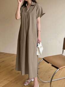 DAZY 女士夏季翻领纯色短袖长款休闲连衣裙太阳裙衬衫裙 - 卡其色 - 查看 4