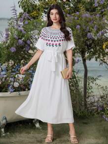 Mulvari Elegant Embroidered Women's Long Dress, Casual And Fashionable For Everyday Wear