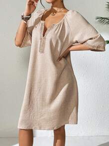 Women Apricot V-Neck Casual Top With Woven Trim, Spring/Summer - Apricot - View 3