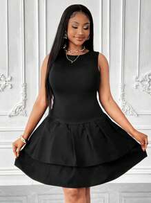 Maweii 大码女式纯色圆领无袖荷叶边下摆时尚连衣裙