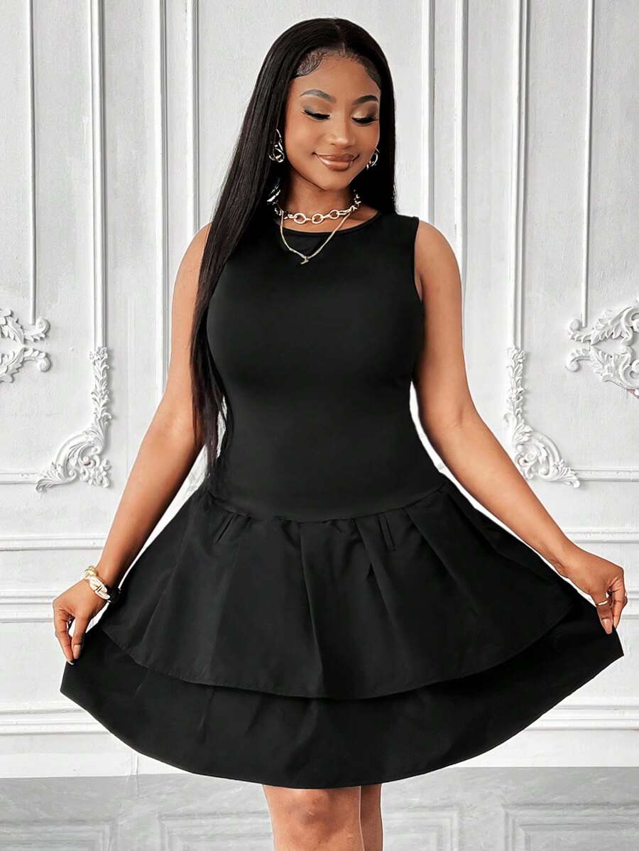 Maweii 大码女式纯色圆领无袖荷叶边下摆时尚连衣裙