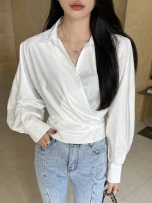 DAZY Solid Color Asymmetrical Collar Long Sleeve Blouse For Women,Fall Clothes - White - View 9