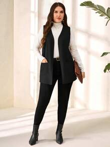 SHEIN PETITE CURVE Abrigo sencillo y casual de unicolor sin mangas y holgado con bolsillo, para primavera/verano, vacaciones en otoño/invierno, primavera, Día de San Valentín, graduación para la madre, color negro, con bolsillo - Negro - Ver 3