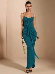 SHEIN BAE 春夏度假海滩紧身胸衣褶皱性感优雅荷叶边装饰女式连衣裙