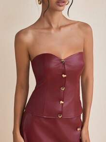 MODERRE Designer Burgundy PU Leather Strapless Corset Top With Gold Heart Buttons - Burgundy - View 1