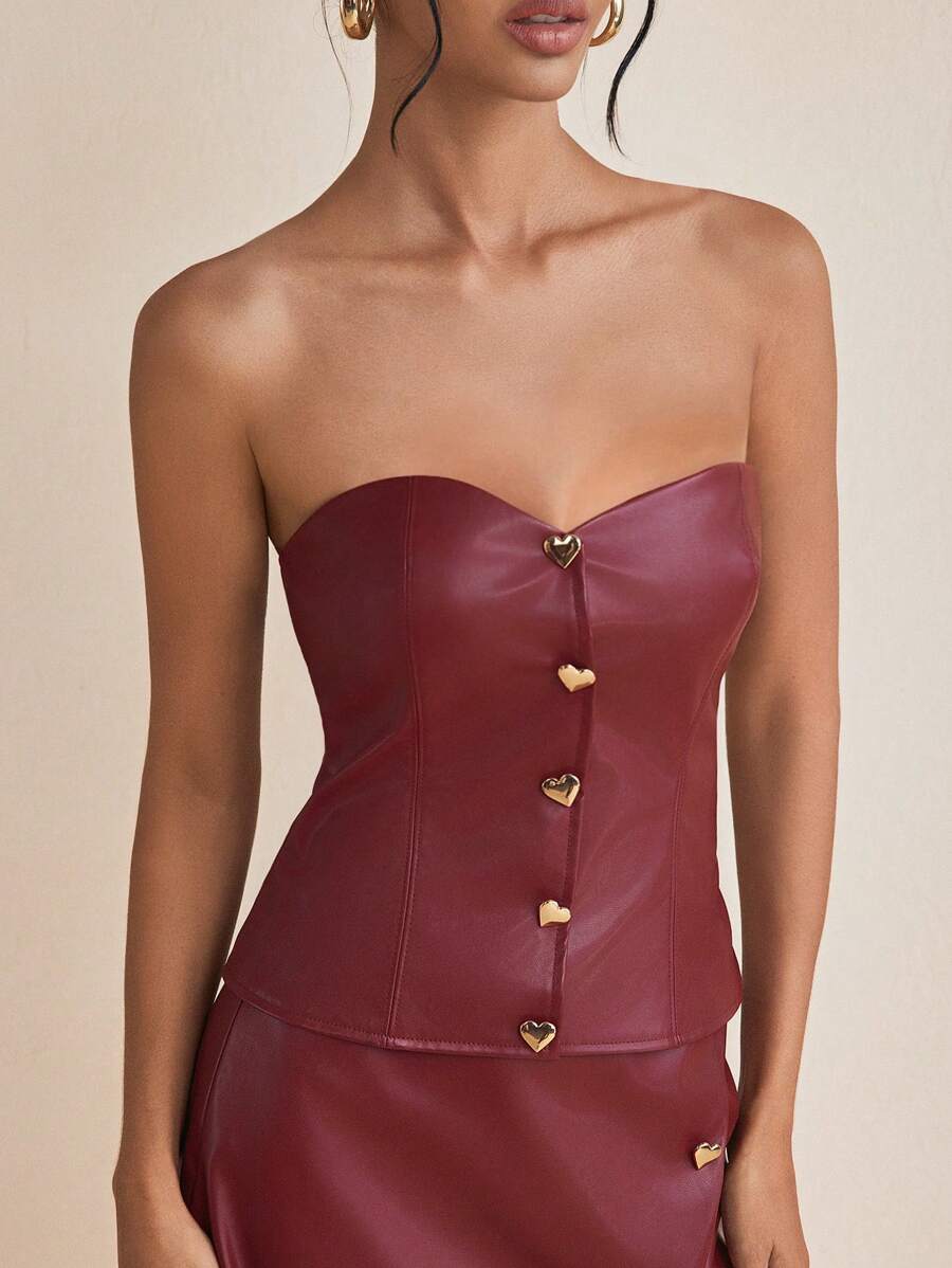 MODERRE Designer Burgundy PU Leather Strapless Corset Top With Gold Heart Buttons - Burgundy - View 1