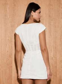 AiiRZ Square Neck Corset Mini Dress With Front Slit Summer Party Bodycon Short Sleeve Empire Waist Special Occasion Wedding Guest Fitted - White - View 2
