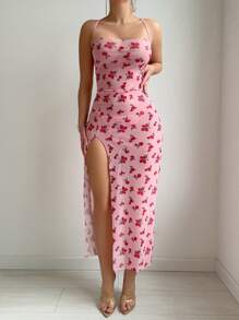 CottageSlumber 2pcs Women's Ditsy Floral High Slit Open-Back Halter Sexy Lingerie Set - Pink - View 1