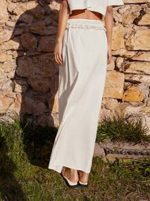 Maija Women's Long Skirt, Casual Beach Vacation Bohemian Style, Solid Color With Waist Knot And Tassel Trim Vacation Women - Apricot - View 3