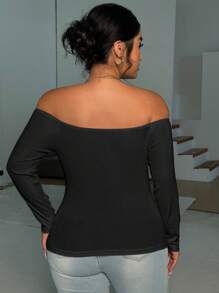Elenzga Plus Size Off Shoulder Floral Decor Tight Fit T-Shirt - Black - View 4
