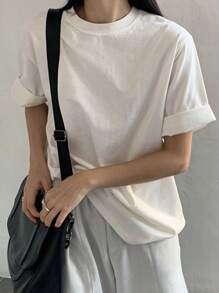 DAZY Solid Round Neck Tee Oversized T-Shirt - White - View 3