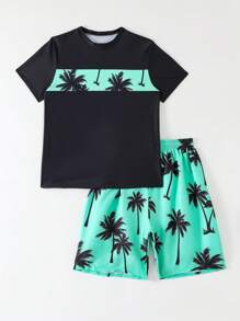 SHEIN Teen Boy Swimwear. Top With Fixed Printing, Bottom With Random Printing. Summer Holiday Boys Teen Swim Set - Boys Swim Trunks With Rash Guard UPF50+ 2 Piece Bathing Suits With Shorts Swimsuit Set