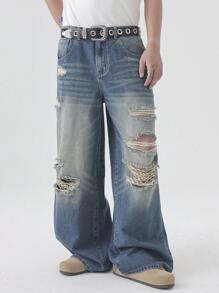 Chillumni Plus Size Men's Casual Distressed Wide Leg Jeans - Medium Wash - View 1