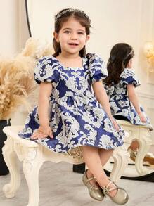 SHEIN Leap Crew Babygirl Summer Cute & Elegant Floral Print Dress - Blue - View 3