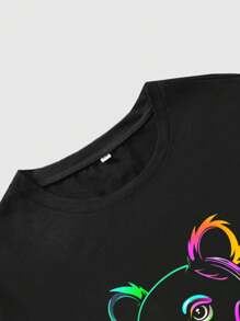 Manfinity Dauomo 2 件套男士 T 恤和短裤套装，熊印花休闲运动套装 - 黑色 - 查看 3