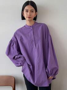 FRIFUL Women's Fashionable Loose Fit Solid Color Stand Collar Shirt, All Match,Fall Clothes - Purple - View 6