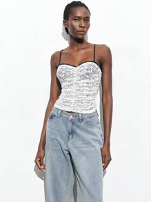 Maija Women's Elegant Sexy Contrasting Color Ruched Lace Camisole, Suitable For St. Patrick's Day, Spring Break, Easter, Music Festivals - White - View 6