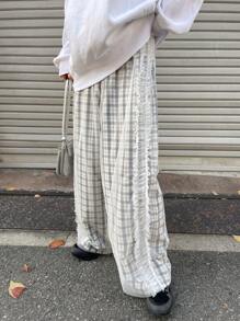 FRIFUL Women's Plaid Mesh Panel Ruffle Hem Decorative Ankle Length Pants Fall